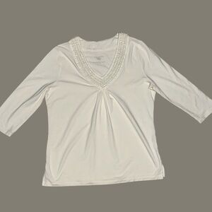 Talbots Ivory Cream‎ V-Neck Top Size X Beaded Embellished 3/4 Sleeve